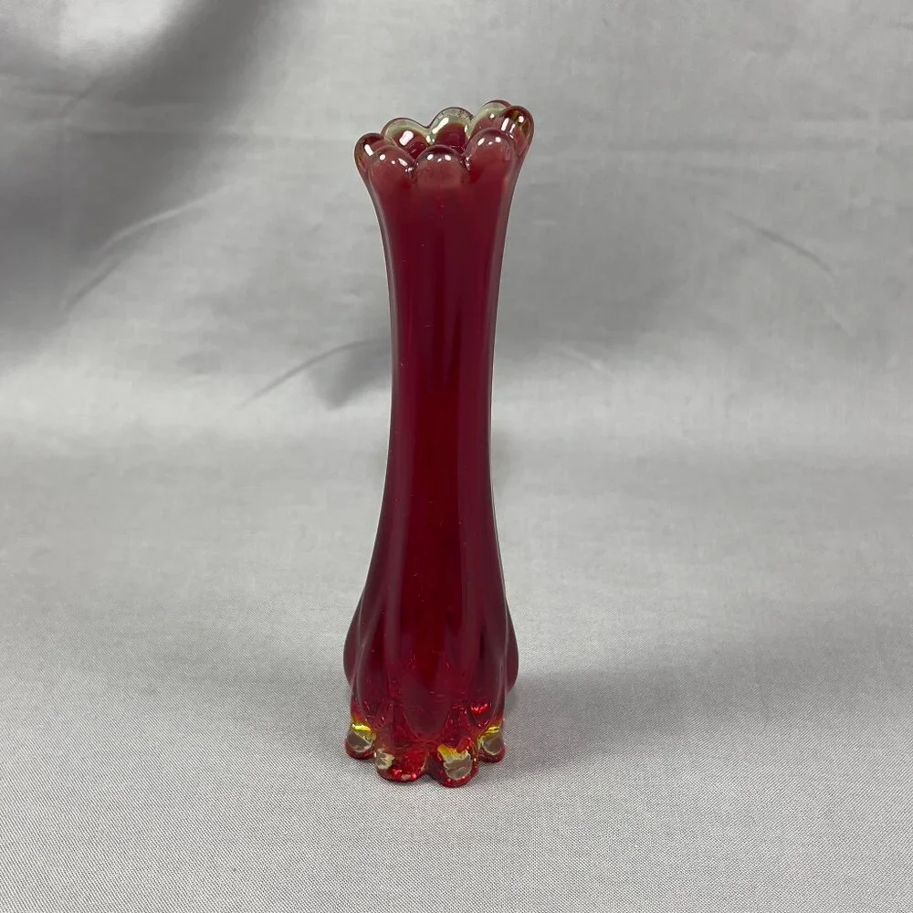 Vtg Fostoria 1229 Ruby Red Heirloom Art Clear Glass Bud 6" Vase 60s Glows - Picture 7 of 16